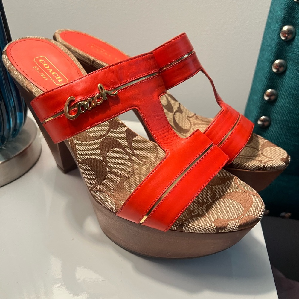 Coach Jonah open toe orange leather straps brown wood platform chunky cone heels